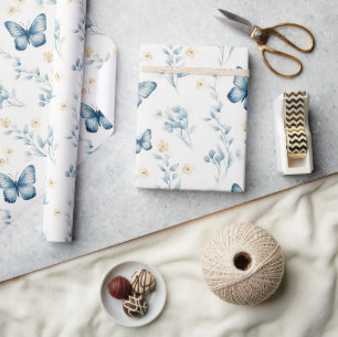 Papel De Presente Borboletas Brancas Azuis Flores Aniversário