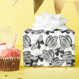 Papel De Presente Borboletas Brancas Pretas