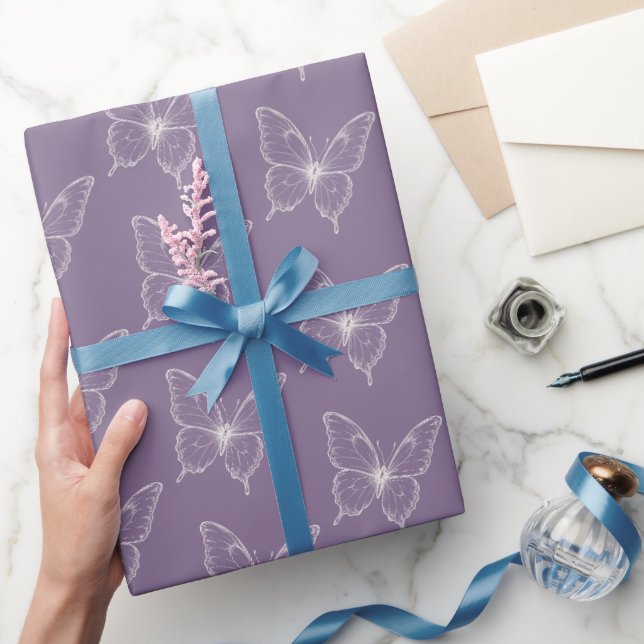Papel De Presente Borboletas Brancas Roxas Aniversário (Presentear)