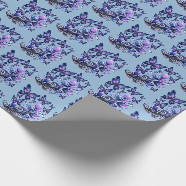 Papel De Presente Borboletas Cintilantes Cósmicas Padrão Azul (Ponta)