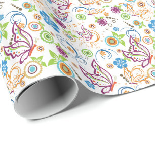 Papel De Presente Borboletas Coloridas e Flores Padrão Monograma