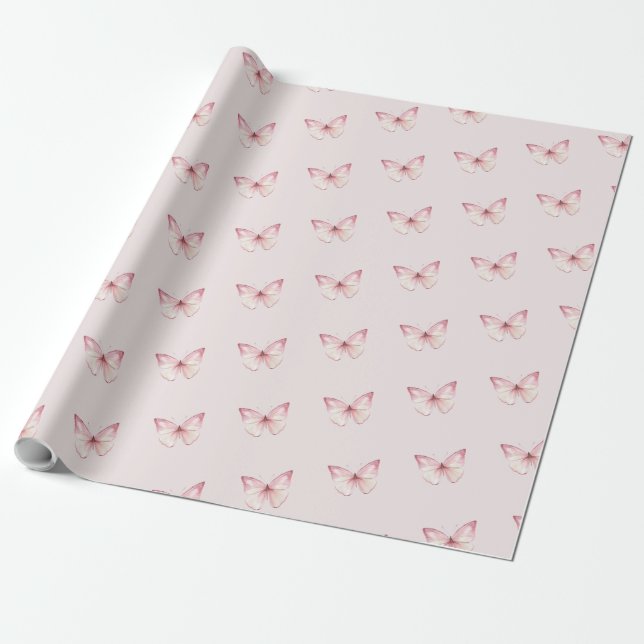 Papel De Presente Borboletas Cor de Água Cócita Rosa (Desenrolado)