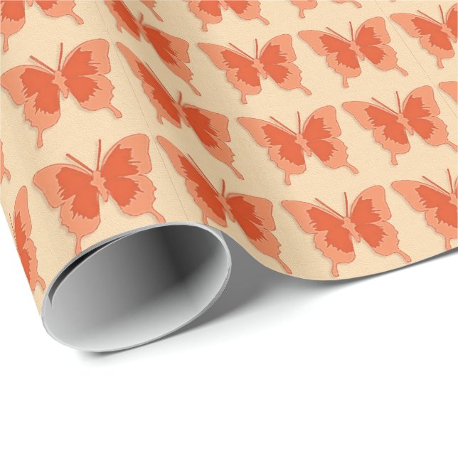Papel De Presente Borboletas, cor de laranja num fundo cor de laranj (Ponta do rolo)