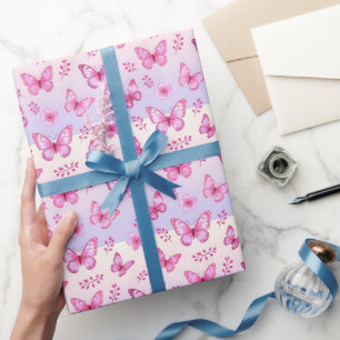 Papel De Presente Borboletas cor-de-rosa e padrão de flores