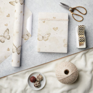 Papel De Presente Borboletas de Creme & Aniversário de Corações