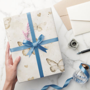 Papel De Presente Borboletas de Creme Corações Aniversário