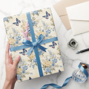 Papel De Presente Borboletas de flor selvagem Soft Gingham