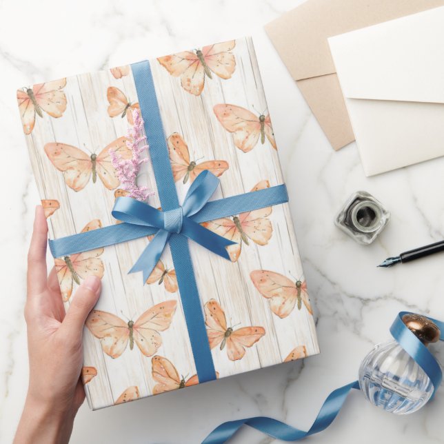 Papel De Presente Borboletas de Pêssego Aniversário (Presentear)