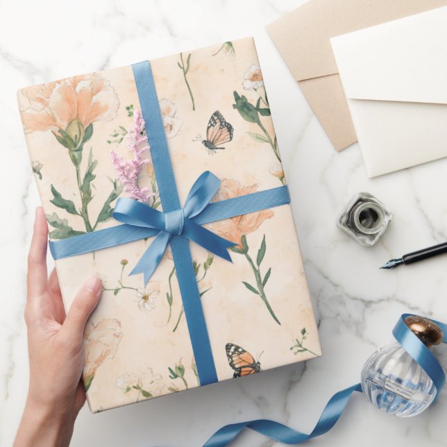 Papel De Presente Borboletas de Pêssego Chuveiro Floral Nupcial (Presentear)