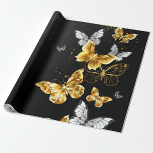 Papel De Presente Borboletas Douradas e brancas