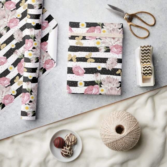 Papel De Presente Borboletas Douradas Rosas Disies Padrão Floral Pre (Artesanato)