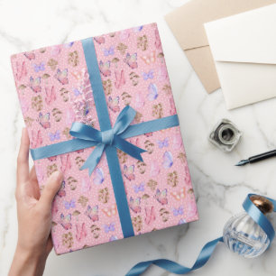 Papel De Presente Borboletas e Cogumelos em Bubblegum rosa