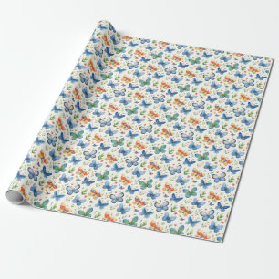 Papel De Presente Borboletas e Flores Amarelas Azuis Verdes
