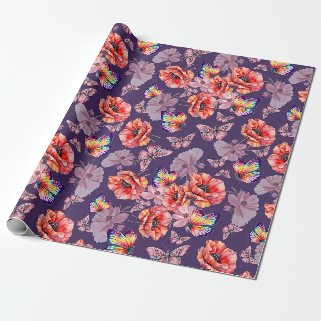 Papel De Presente Borboletas e flores de papoila (Desenrolado)