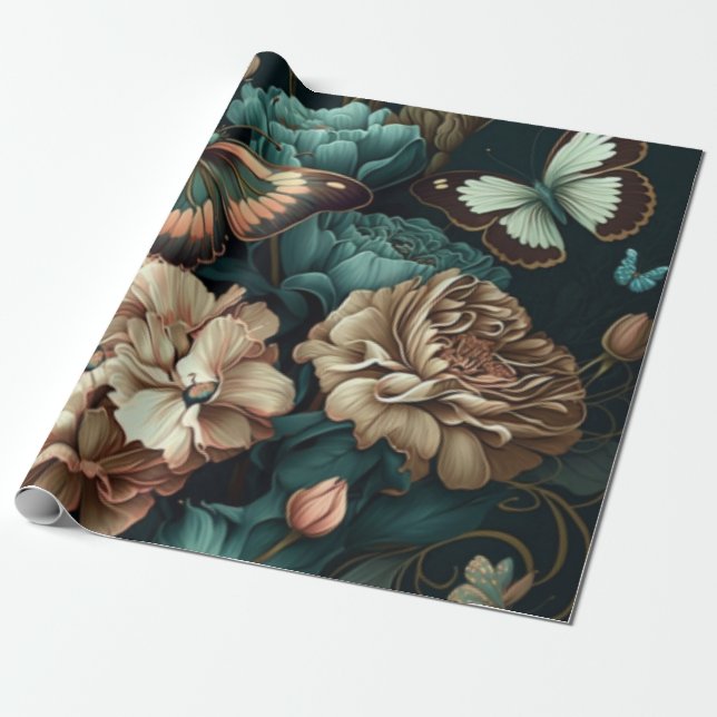 Papel De Presente Borboletas e flores design clássicas escuras (Desenrolado)