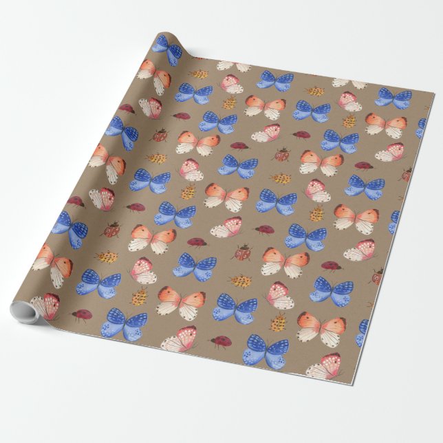 Papel De Presente Borboletas e Joias Rústicas Kraft Feriado (Desenrolado)