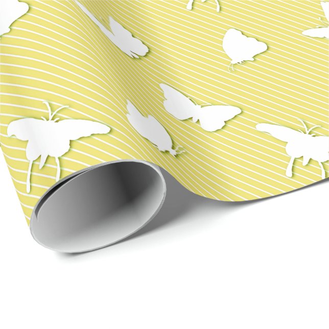 Papel De Presente Borboletas e listras - brancas em amarelo (Ponta do rolo)