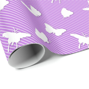 Papel De Presente Borboletas e listras - brancas na lavanda