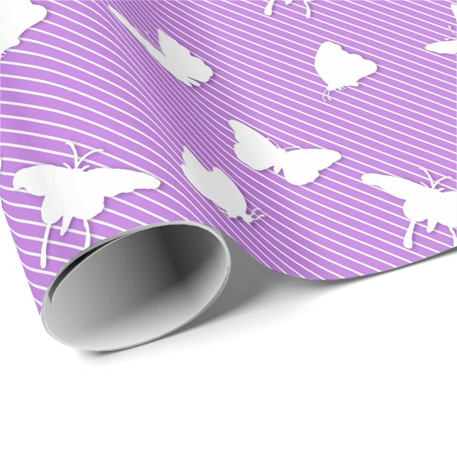 Papel De Presente Borboletas e listras - brancas na lavanda (Ponta do rolo)