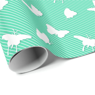Papel De Presente Borboletas e listras finas - aqua