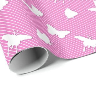 Papel De Presente Borboletas e listras finas - branco sobre rosa aza
