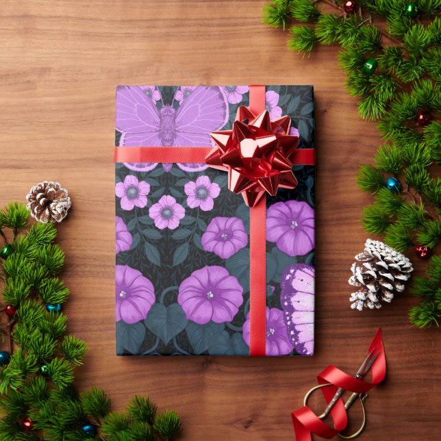 Papel De Presente Borboletas e simetria das flores, violeta e azul (Presente de Natal)