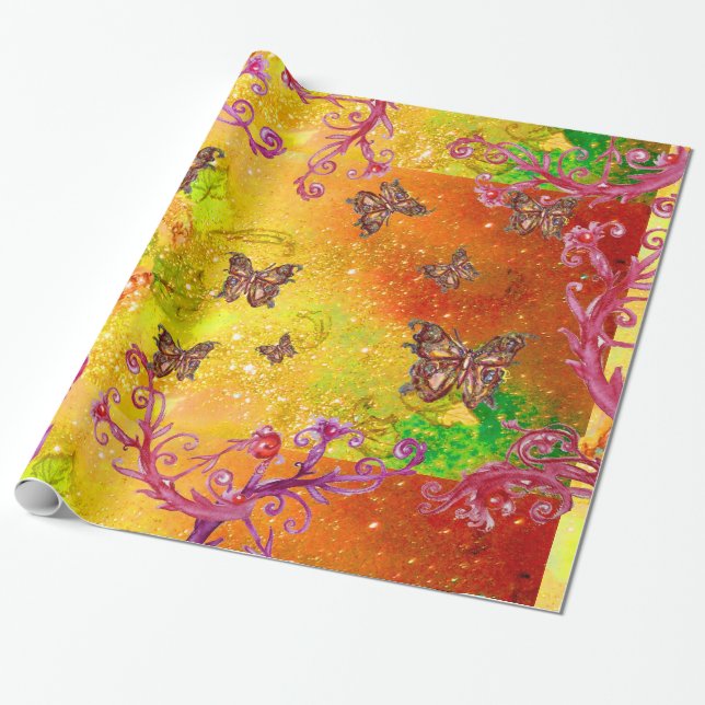 PAPEL DE PRESENTE BORBOLETAS EM CENTELHAS AMARELO OURO MARROM VERDE (Desenrolado)