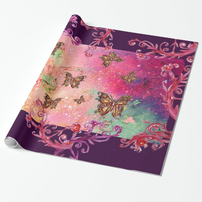 PAPEL DE PRESENTE BORBOLETAS EM LANTEJOULAS ROSA - PLANTA MÁGICA DAS (Desenrolado)