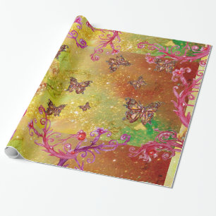 PAPEL DE PRESENTE BORBOLETAS EM SPARKLES DOURADOS DO VERDE DO MARROM