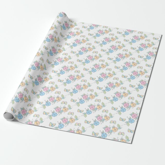 Papel De Presente Borboletas Florais Aquarela (Desenrolado)