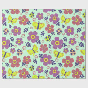 Papel De Presente Borboletas, Joaninhas, Flores e Folhas