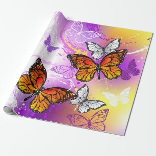 Papel De Presente Borboletas Monarcas em Fundo Roxo