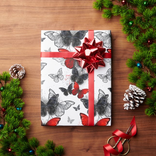 Papel De Presente Borboletas Morpho Pretas e Vermelhas Voando (Presente de Natal)