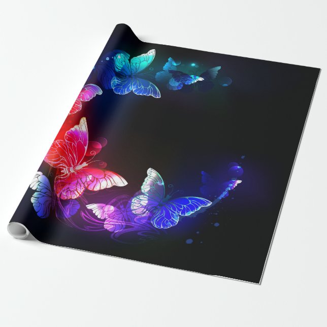 Papel De Presente Borboletas Neon Night brilhantes sobre fundo preto (Desenrolado)