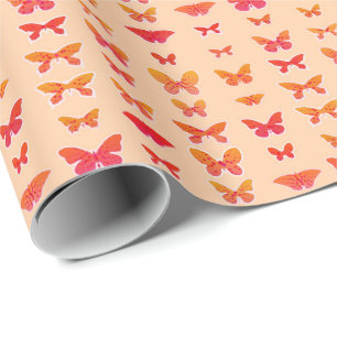 Papel De Presente Borboletas, ouro, coral, fundo laranja suave