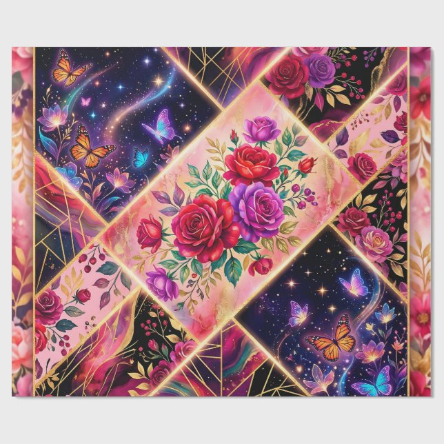 Papel De Presente Borboletas, Sonhos Florais & Elegância Dourada (Aberto)