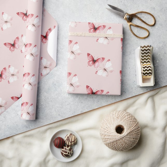 Papel De Presente Borboletas Vermelhas Brancas Aniversário (Artesanato)