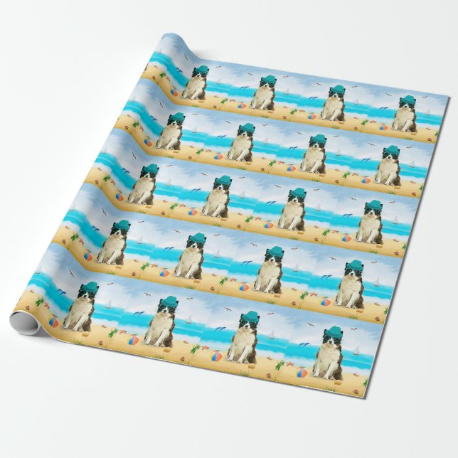 Papel De Presente Borda Collie Dog na praia (Desenrolado)