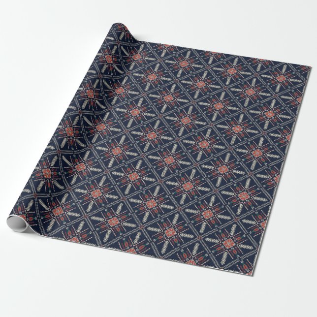 Papel De Presente Bordado Palestino: Design de Padrão Tradicional (Desenrolado)