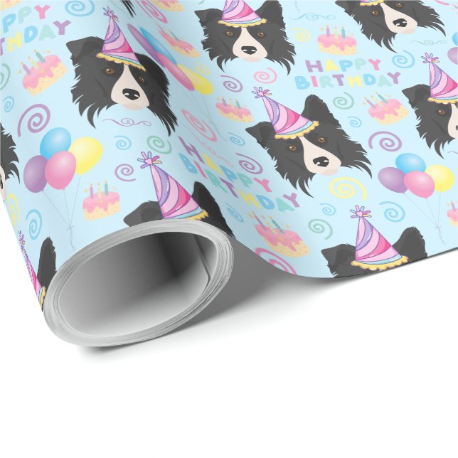 Papel De Presente Border Collie Birthday Gift Wrapping Paper Blue (Ponta do rolo)