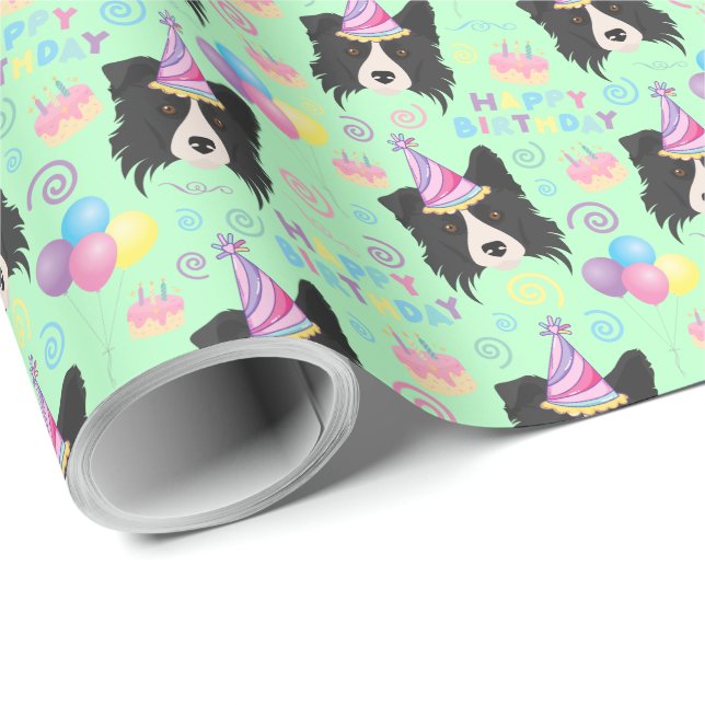 Papel De Presente Border Collie Birthday Gift Wrapping Paper Green (Ponta do rolo)