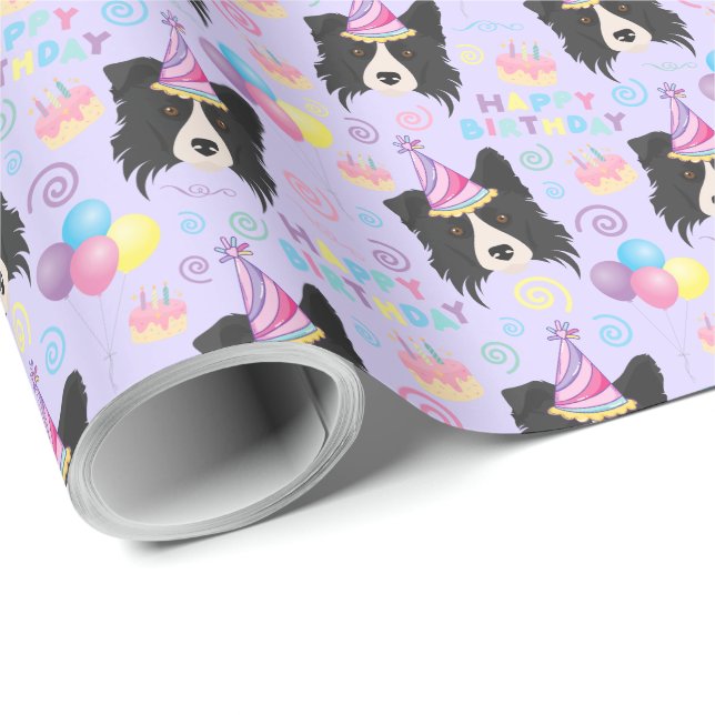 Papel De Presente Border Collie Birthday Gift Wrapping Paper Purple (Ponta do rolo)