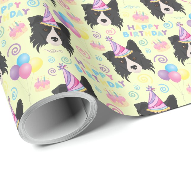 Papel De Presente Border Collie Birthday Gift Wrapping Paper Yellow (Ponta do rolo)
