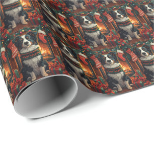 Papel De Presente Border Collie Cachorro com Presentes de Natal Lar