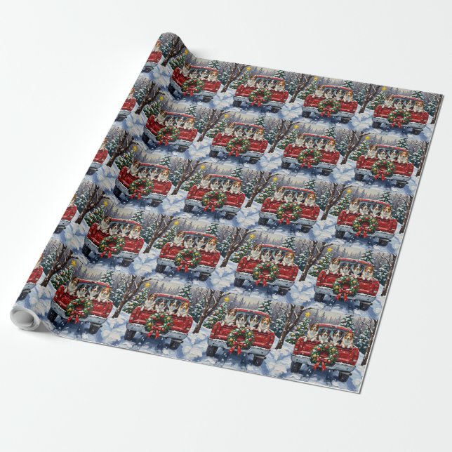 Papel De Presente Border Collie Christmas Red Truck Holiday (Desenrolado)