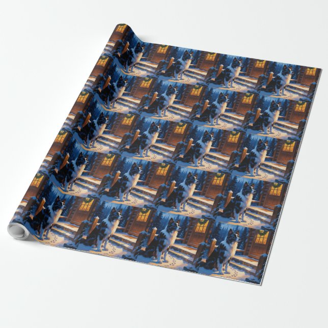 Papel De Presente Border Collie Com Luzes De Natal Feriado (Desenrolado)