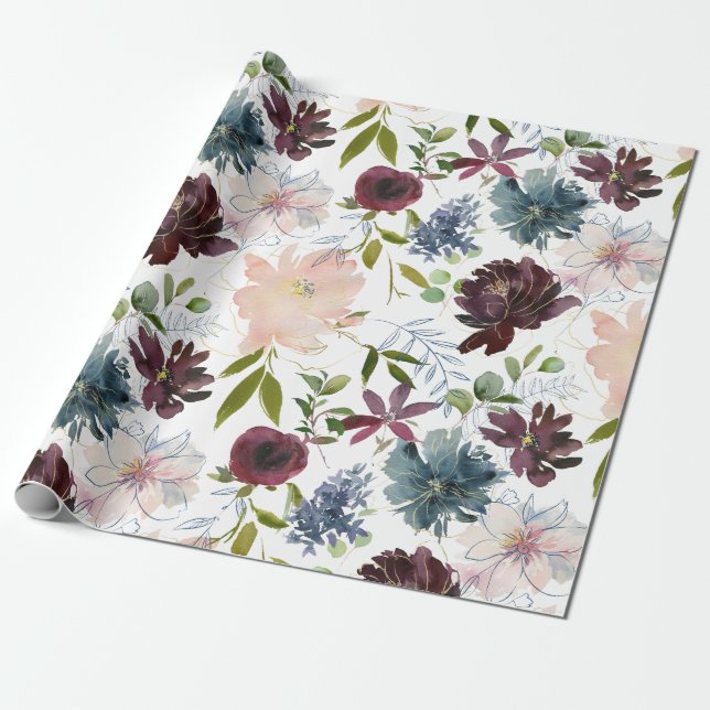 Papel De Presente Bordô, Azul Marinho e Floral Bege (Desenrolado)
