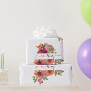 Papel De Presente Bordô e laranja floral aquarela personalizado