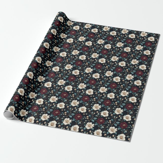 Papel De Presente Bordô e Marfim Floral em Preto (Desenrolado)