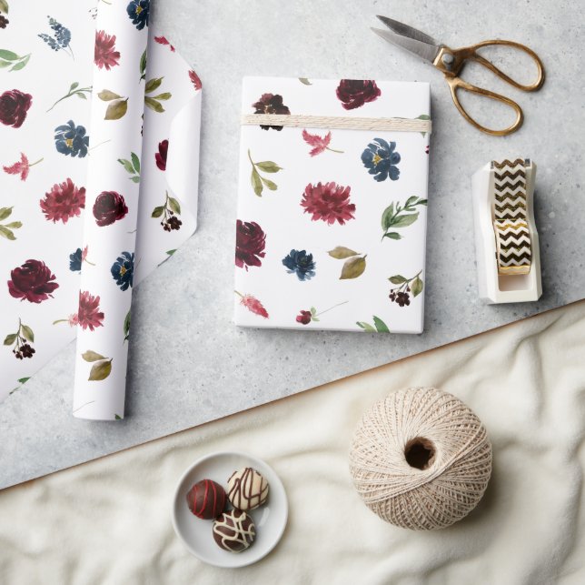 Papel De Presente Bordô Floral Elegante Rústico Aquarela Bonito (Artesanato)